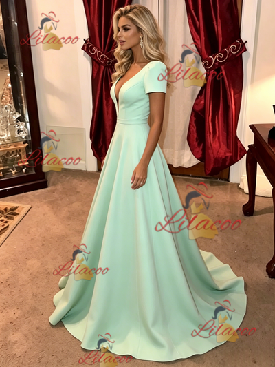Green V-neck Short Sleeve Prom Dress