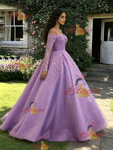 Purple Long Sleeve Straps Appliques Quinceanera Dress