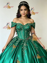 Green Satin Off the Shoulder Appliques Quinceanera Dress
