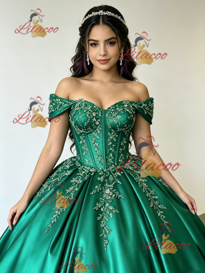 Green Satin Off the Shoulder Appliques Quinceanera Dress