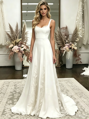 Simple White Straps Wedding Dress