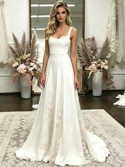 Simple White Straps Wedding Dress
