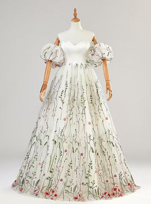 White Tulle Embroidery Puff Sleeve Prom Dress