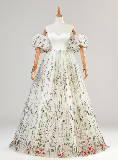 White Tulle Embroidery Puff Sleeve Prom Dress