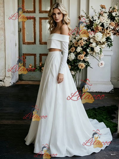 White Two Pieve Off the Shoulder Long Sleeve Wedding Dress