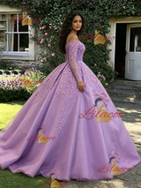 Purple Long Sleeve Straps Appliques Quinceanera Dress