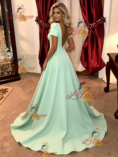 Green V-neck Short Sleeve Prom Dress