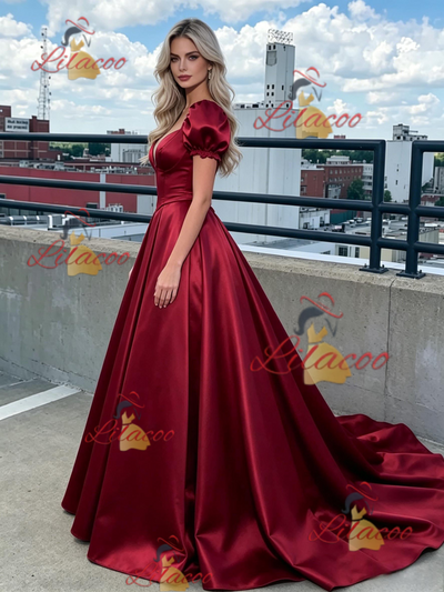 Burgundy Satin Puff Sleeve Prom Dress