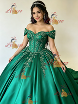 Green Satin Off the Shoulder Appliques Quinceanera Dress