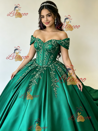 Green Satin Off the Shoulder Appliques Quinceanera Dress
