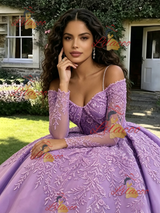 Purple Long Sleeve Straps Appliques Quinceanera Dress
