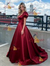 Burgundy Satin Puff Sleeve Prom Dress