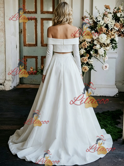 White Two Pieve Off the Shoulder Long Sleeve Wedding Dress