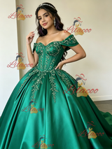 Green Satin Off the Shoulder Appliques Quinceanera Dress