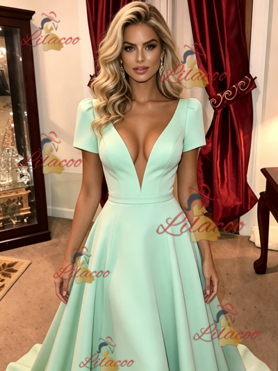 Green V-neck Short Sleeve Prom Dress