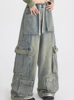 Overalls Loose Straight Mop Multi-pocket Pant