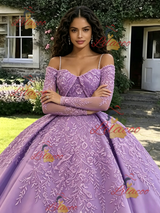 Purple Long Sleeve Straps Appliques Quinceanera Dress