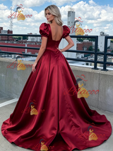 Burgundy Satin Puff Sleeve Prom Dress