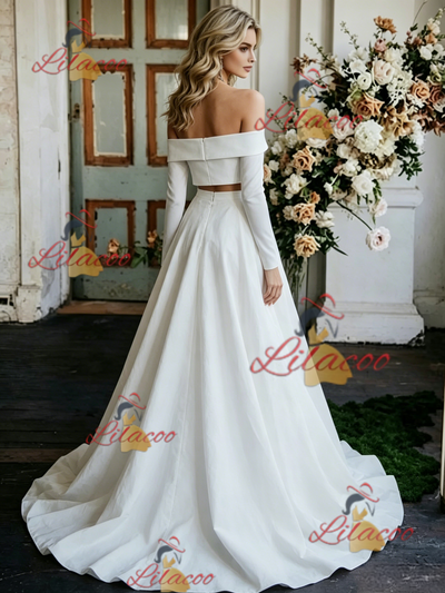 White Two Pieve Off the Shoulder Long Sleeve Wedding Dress