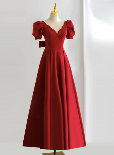 Burgundy Puff Sleeve Pleats Prom Dress