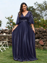 Navy Blue V-neck Appliques Prom Dress