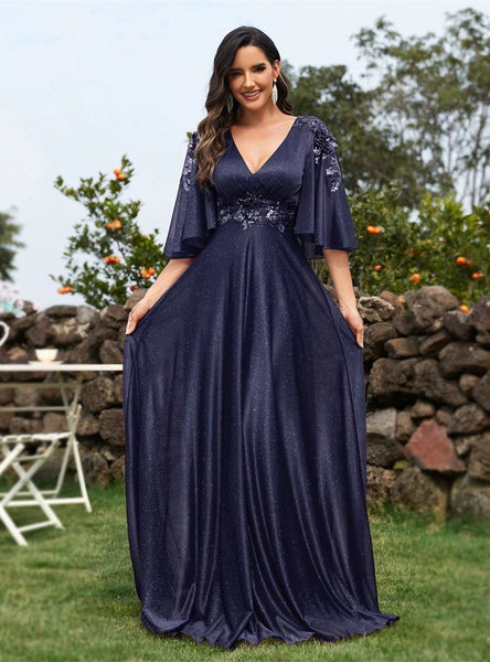 Navy Blue V-neck Appliques Prom Dress