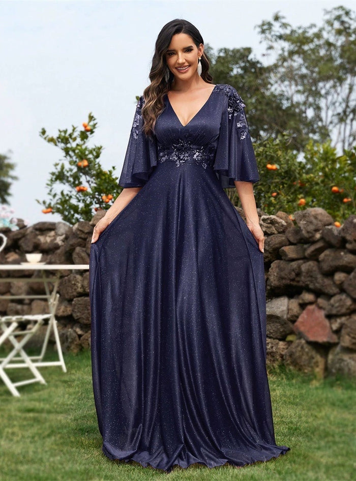 Navy Blue V-neck Appliques Prom Dress