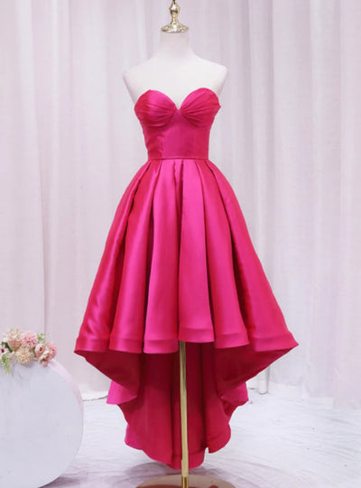 Hot Pink Hi Lo Satin Strapless Pleats Prom Dress