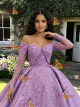 Purple Long Sleeve Straps Appliques Quinceanera Dress