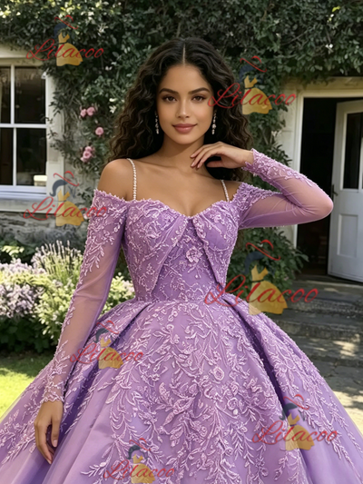 Purple Long Sleeve Straps Appliques Quinceanera Dress