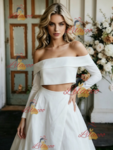 White Two Pieve Off the Shoulder Long Sleeve Wedding Dress