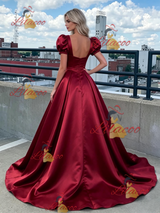 Burgundy Satin Puff Sleeve Prom Dress