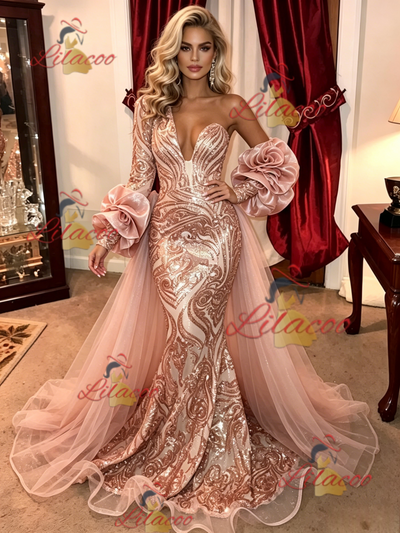 Pink Mermaid Sequins One Shoulder Prom Dress