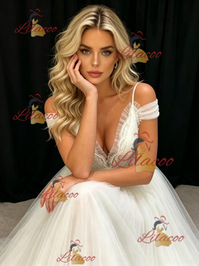 White Tulle Straps Pleats Wedding Dress