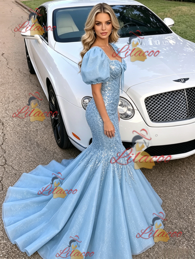 Blue Mermaid Sequins Puff Sleeve Prom Dress