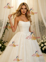 White Tulle Lace Strapless Pleats Wedding Dress