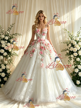 White Tulle Lace Straps 3D Appliques Wedding Dress
