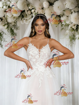 White Tulle Appliques Spahetti Straps Wedding Dress
