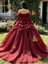 Burgundy Tulle Long Sleeve 3D Flower Quinceanera Dress