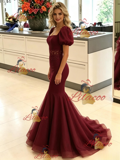 Burgundy Mermaid Tulle Puff Sleeve Prom Dress