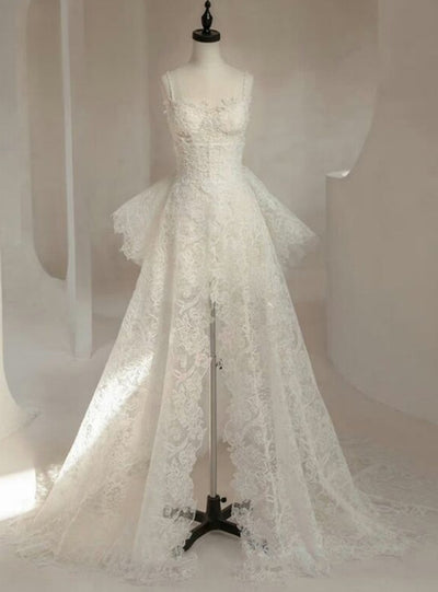 White Lace Straps Wedding Dress With Detachable Train