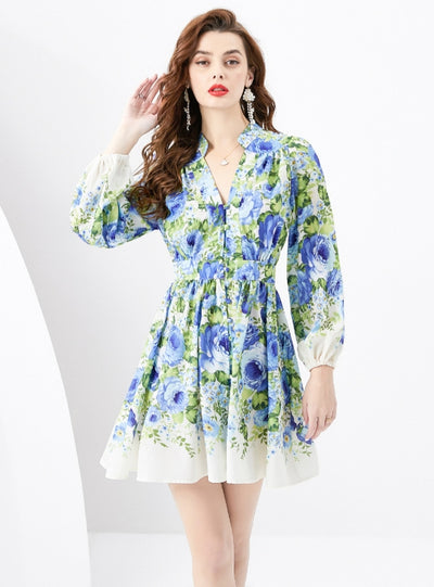 V-neck Lantern Sleeve Wavy Mini Retro Print Dress