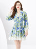 V-neck Lantern Sleeve Wavy Mini Retro Print Dress
