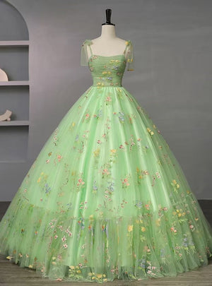 Green Tulle Embroidery Pleats Prom Dress