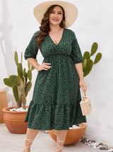 Ruffled V-neck Mid-length Dress