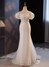 White Mermaid Lace Pearls Wedding Dress