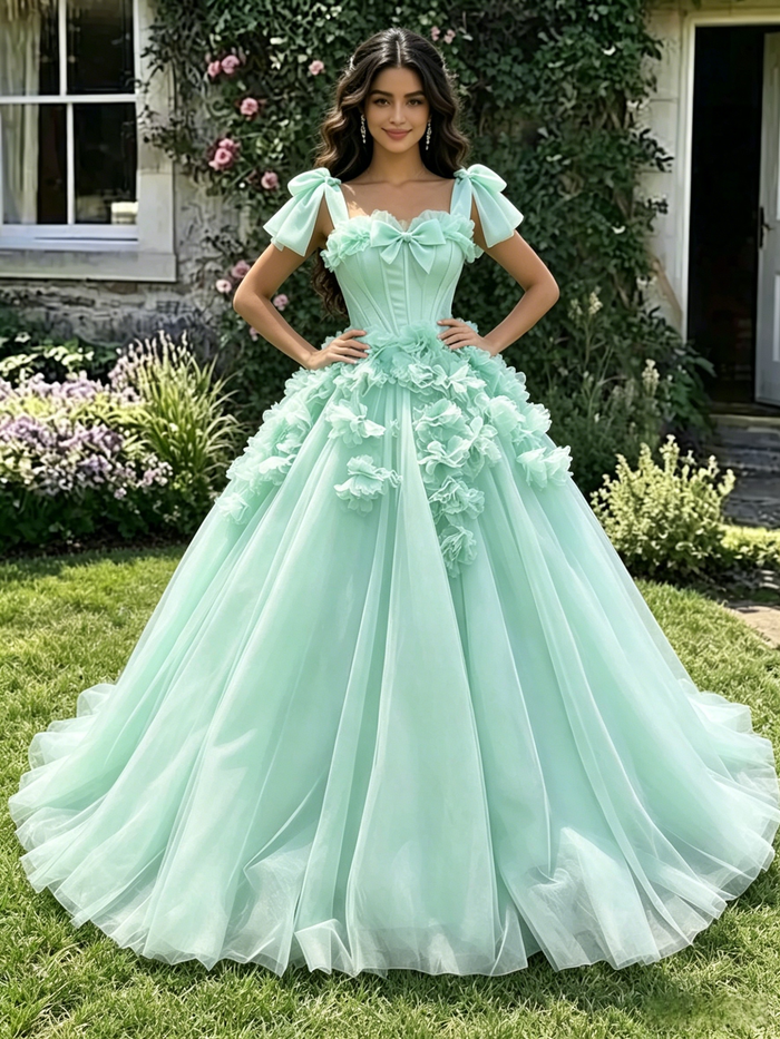 Green Tulle Straps 3D Flower Quinceanera Dress