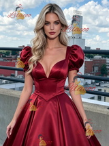 Burgundy Satin Puff Sleeve Prom Dress