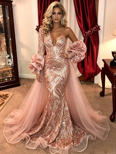 Pink Mermaid Sequins One Shoulder Prom Dress