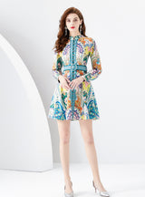 Palace Lantern Sleeve Short Printed Dress